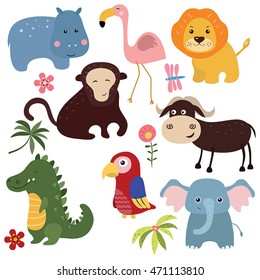 Set of different african animals on white background.