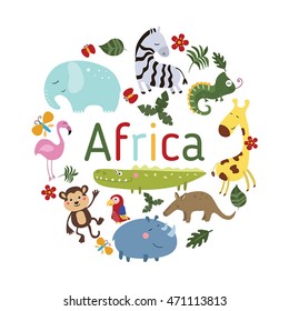 Set of different african animals on white background. Round vector illustration.