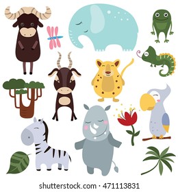 Set of different african animals on white background.