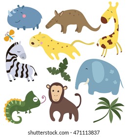 Set of different african animals on white background.