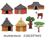 Set of different African huts flat style, vector illustration isolated on white background. Red and yellow houses with thatched roofs, trees, animal. Local buildings design