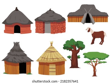 Set of different African huts flat style, vector illustration isolated on white background. Red and yellow houses with thatched roofs, trees, animal. Local buildings design