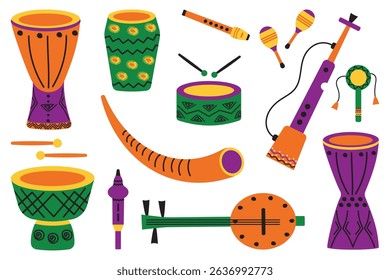 Set of different African musical instruments. Vector illustration of African drum, tambourine, maracas, trumpet, eps 10 icons