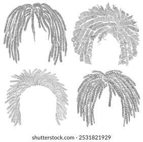 conjunto de diferentes penteados afro.
dreadlocks cornrows em torno de cabelos encaracolados desgrenhados .
 moda beleza estilo africano . desenho lápis de franja esboço .