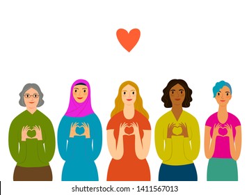 A set of different age, body, religion and skin color women showing heart symbol with fingers. Diversity, love and support illustration for your design.