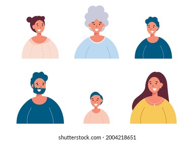 Set of different age characters. Happy people. Children, men, women, old women. Trendy minimal illustration for web, banner