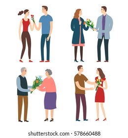 Set of different age pairs. Men giving a bouquets of flowers to a women. Woman's, Mother's Day, love and beauty illustration for your design.