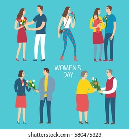 Set of different age pairs. Men giving a bouquets of flowers to a women. Woman's, Mother's Day, love and beauty illustration for your design.