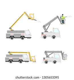 Set of different aircraft deicer trucks. Deicing airplane. Vector illustration isolated on white.