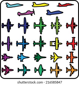 Set of different airplane icons of different colors. Vector image. 