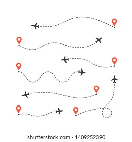 Set of different airplane routes. Plane route lines. Aircraft tracking path