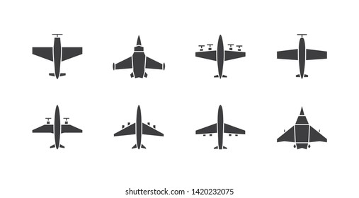 Set of different airplane symbols. Aircraft, plane icons or signs concept. Isolated on a white background.