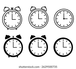 Set of different alarm clock icons. Black and white outline icons of alarm clock