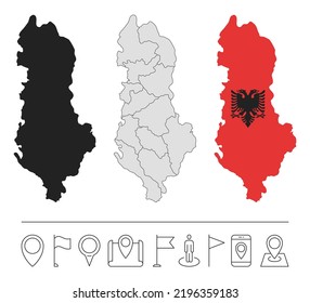 Conjunto de diferentes mapas de Albania con bandera nacional. Iconos de la línea de navegación. Ilustración vectorial.