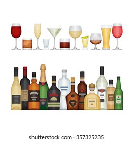 Conjunto de diferentes botellas de alcohol y vasos. Bebidas y bebidas alcohólicas. Estilo de diseño plano, ilustración vectorial.