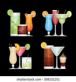Set of different alcohol cocktail by glasses. Flat design style, vector illustration.
