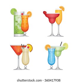 Set Of Different Alcohol Cocktail By Glasses. Flat Design Style, Vector Illustration.