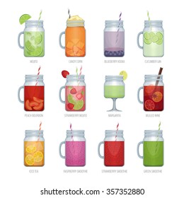 Set Of Different Alcohol Cocktail And Smoothie Mason Jar. Bar Menu. Vector Illustration.