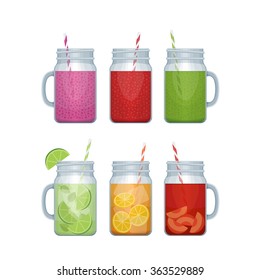Set of different alcohol cocktail and smoothie mason jar. Bar menu. Vector illustration.