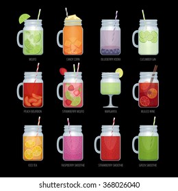 Set of different alcohol cocktail and smoothie mason jar. Bar menu. Vector illustration.