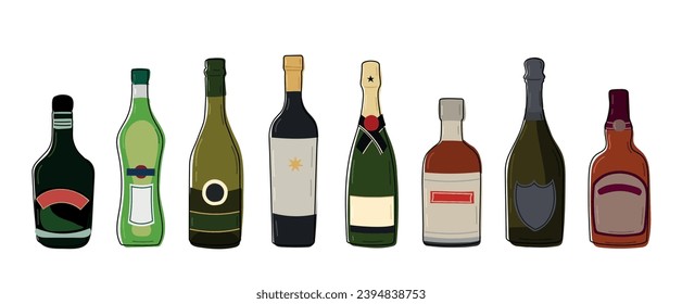 Variedad de bebidas alcohólicas y bebidas. Diseño plano. Botellas de alcohol vectorial whisky y martini, vino y champán