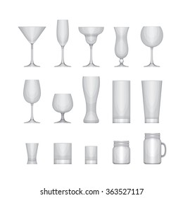 Set of different alcohol empty glasses. Glass icon set. Flat design style, vector illustration.