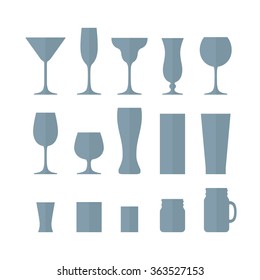 Set of different alcohol empty glasses. Glass icon set. Flat design style, vector illustration.