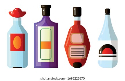 Set of different alcoholic beverages in bottles of different shapes. Vector illustration in a flat cartoon style.