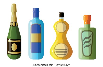 Set of different alcoholic beverages in bottles of different shapes. Vector illustration in a flat cartoon style.