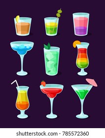 Set of different alcoholic cocktails, summer drinks vector Illustrations