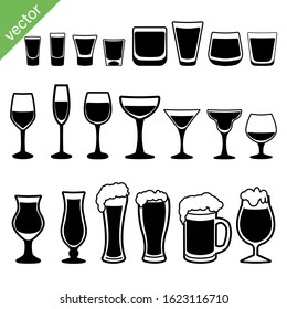 Set of different alcoholic drinks in shots, glasses, mugs etc