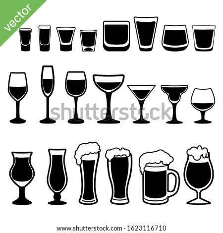 Set of different alcoholic drinks in shots, glasses, mugs etc