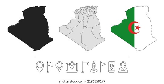 Set of different Algeria maps with national flag. Navigation line icons. Vector illustration. svg