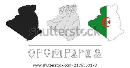 Set of different Algeria maps with national flag. Navigation line icons. Vector illustration.