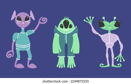 Conjunto de extraterrestres diferentes. Carácter ficticio al estilo de las caricaturas.