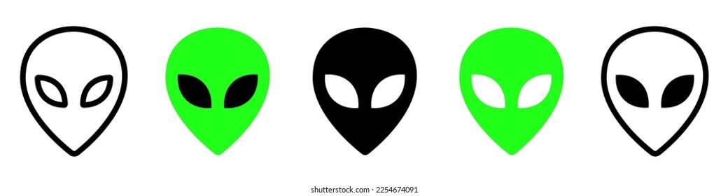 Set of different aliens head on white background. Alien green and black face illustration. 