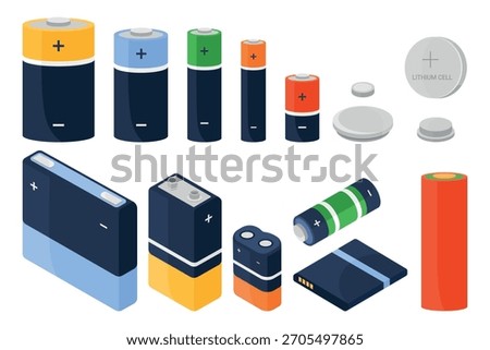Set of different alkaline, lithium, and rechargeable battery types including AA, AAA, coin, and block cells, shown in isometric style vector illustration