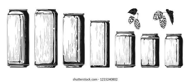 Set of different aluminum cans. Sketch vector illustration