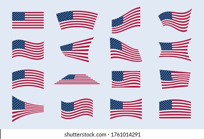 Set of different american flags in different poses. USA flag vector illustration.