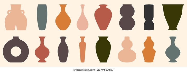 Set of different ancient ceramic vases. Hygge pottery concept. Vector illustration on isolated background