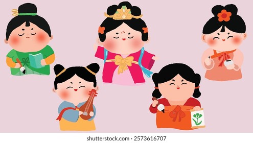 A set of different ancient Chinese girls in national costumes. Different hairstyles and traditional Chinese clothing. Queen, concubines, princesses, and maids. Vector isolated acters, stickers