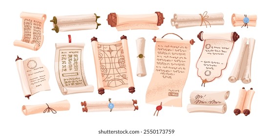 Conjunto de diferentes pergaminos antiguos. Pergaminos antiguos con mapa de tesoros, letras. Rollos de papel medievales abiertos y cerrados, papiros antiguos con manuscritos. Ilustraciones vectoriales aisladas planas en blanco