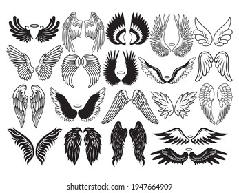 Set of different angel wings. Collection of wings with feathers. Holy symbols. Vector illustration of flying wings. Tattoo.