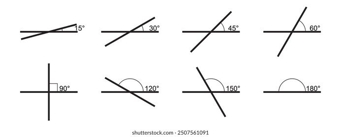 Set of different angle degree icons. Collection of protractor values. Geometric or trigonometric corner measurements. Mathematics symbols isolated on white background. Vector graphic illustration.
