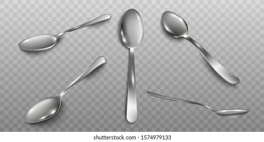 Set of different angles of metal silver tone spoons realistic vector illustration isolated on transparent background. Kitchen utensils element - teaspoons or tablespoons.