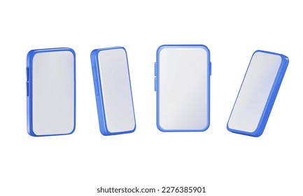 Set of different angles of smartphone in 3d render with screen, isolated white background, vector illustration