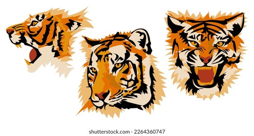 Set in different angles of the tiger's head, vector image isolated on a white background. Abstract illustration, simplified spots in layers. Suitable for printing on banner and flyer