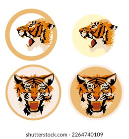 Set in different angles of the tiger's head, vector image isolated on a white background. Icons for the printing house Abstract illustration, simplified spots in layers.