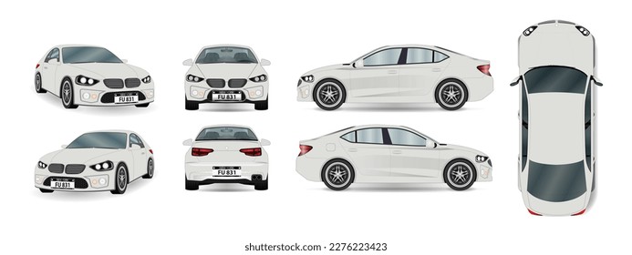 Set of different angles of a white car. View isometric, front, rear, side, and top. Business sedan isolated. Vehicle mockup. Vector.