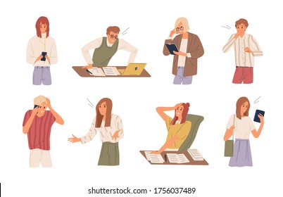 Set of different angry people having failure vector flat illustration. Collection of frustrated man and woman feeling stress and problem isolated on white background. Something went wrong